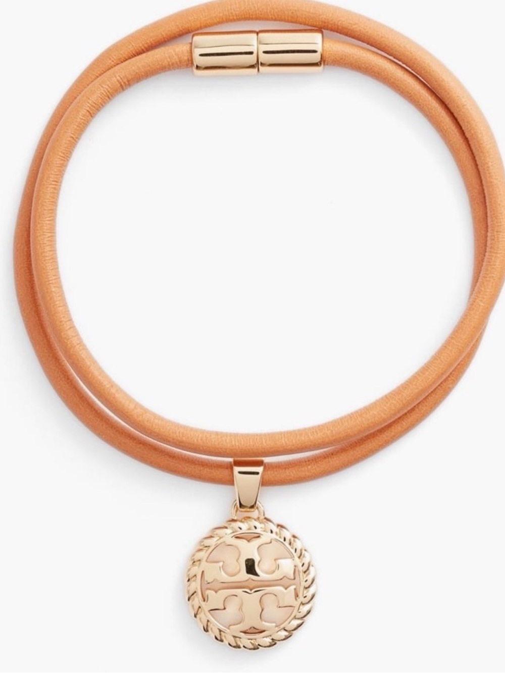Tory Burch Tan Double-Wrap Leather Bracelet with Gold Disc Charm